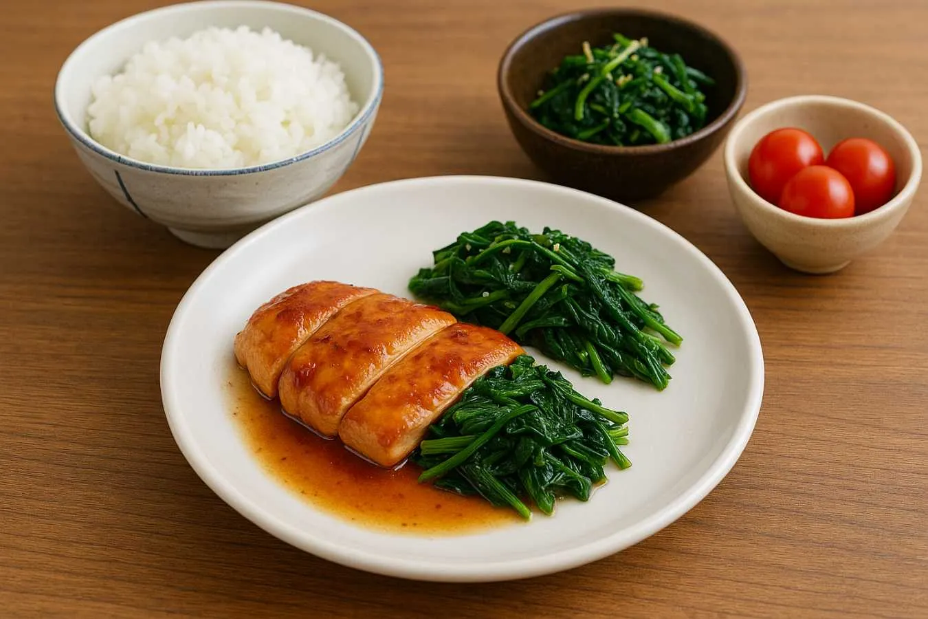 白米、鶏むね照り焼き、ほうれん草ナムル、プチトマト